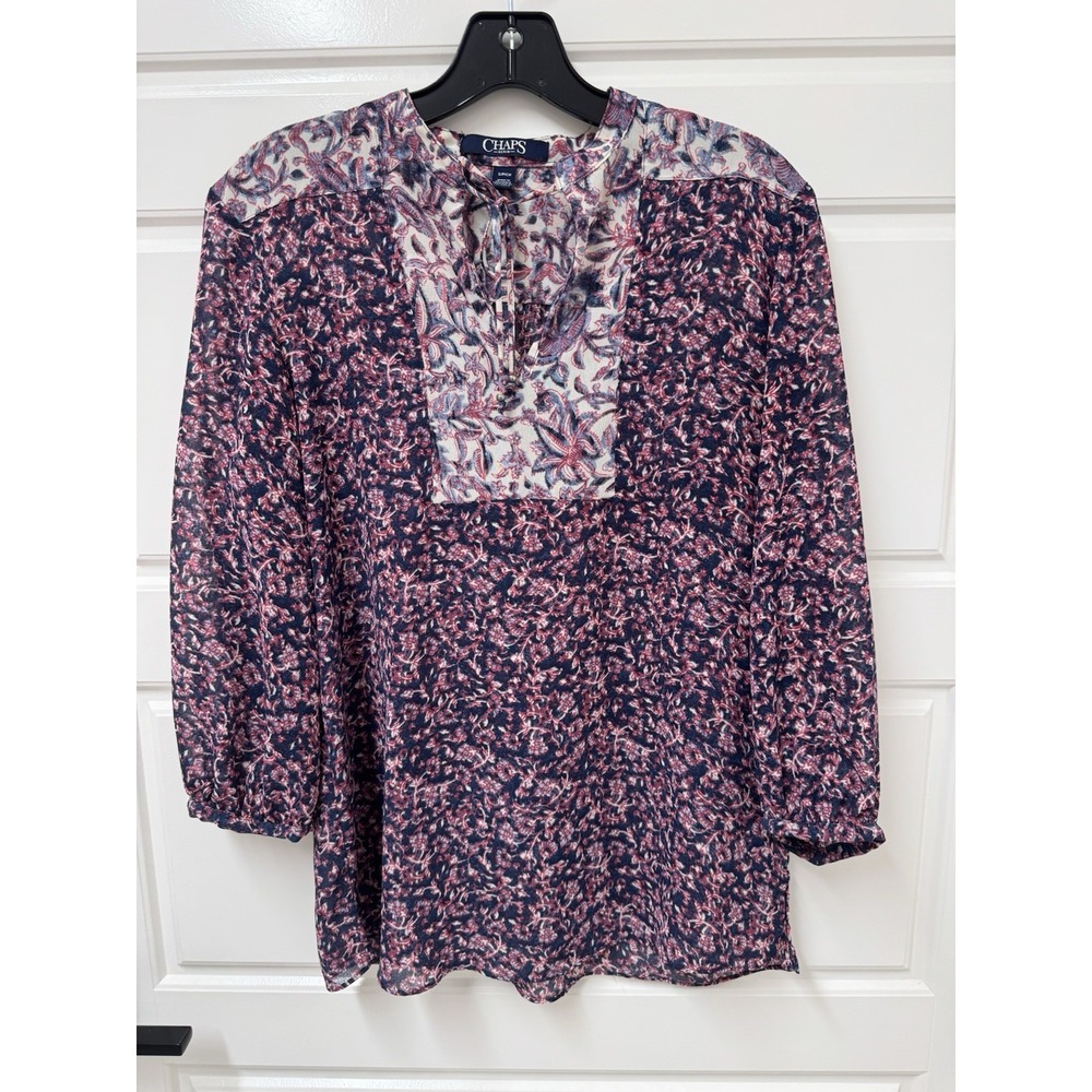 Chaps Womens Small Tunic Top Blouse Tassel Tie Pullover Multicolor Floral A6